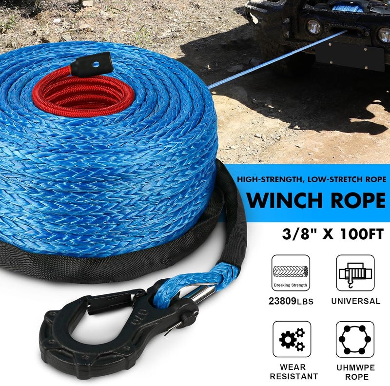 STEGODON Synthetic Winch Rope, 3/8" x100ft 23809LBS Dyneema Winch Rope 3/8 Heavy Duty Winch Cable with Protective Sleeve Forged Winch Hook for 4WD Off Road Vehicle Truck SUV (Blue) - Image 2